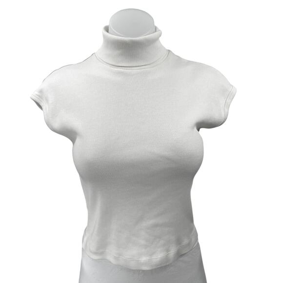 Zara Women's White Rib Knit Short Cap Sleeve Turtleneck Crop Sweater Top Size M - Picture 1 of 4